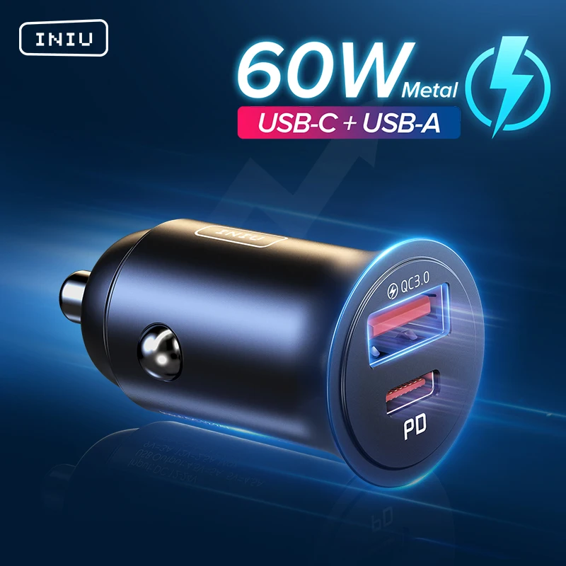 INIU 60W USB Car Charger 5A Type C PD QC Fast Charging Phone Adapter For iPhone 16 15 14 13 12 11 Pro Max Xiaomi Samsung etc