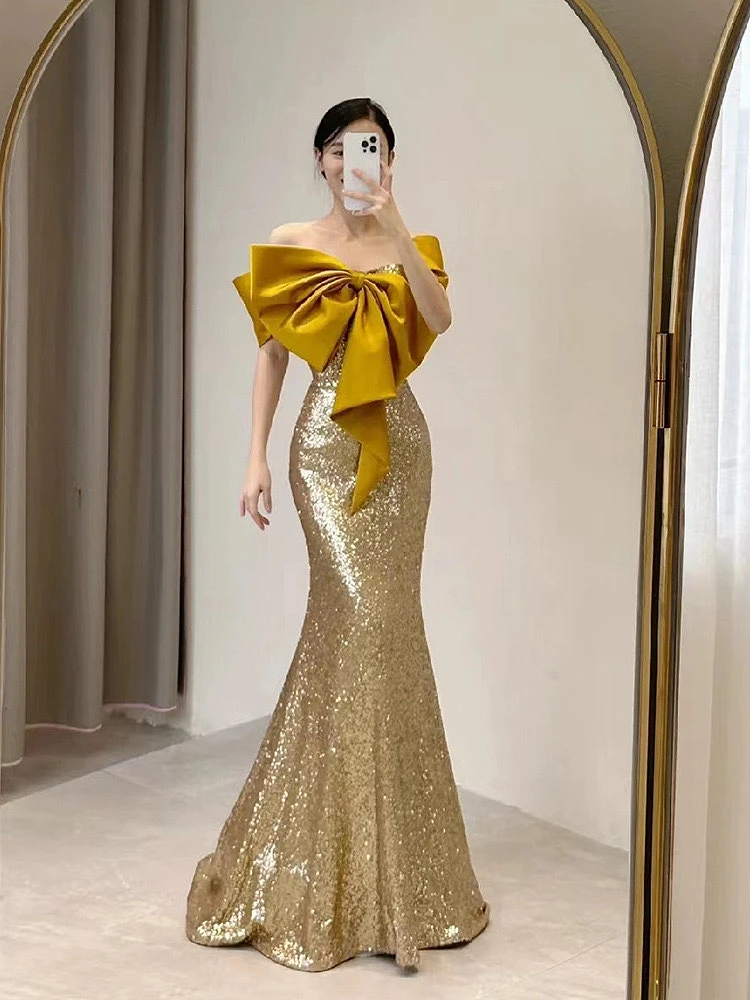 

Golden Shiny Sequin Prom Dresses Off The Shoulder Strapless Floor Length Evening Party Mermaid Formal Ceremony Party Gown New