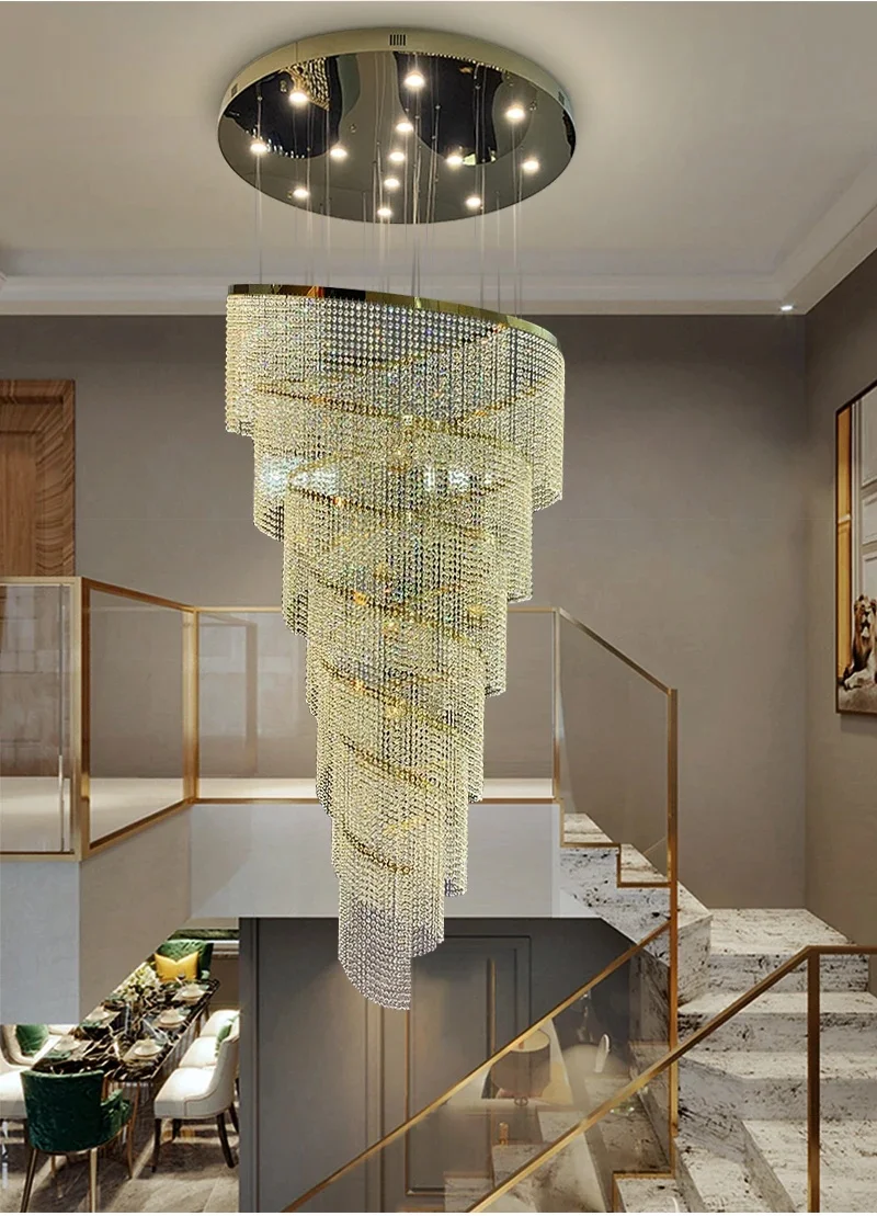 Creative Crystal Staircase Chandelier Modern Spiral Design Lamp Led Luxury Round Lighting Fixture New Round Gold Chrome Lustre - view 4