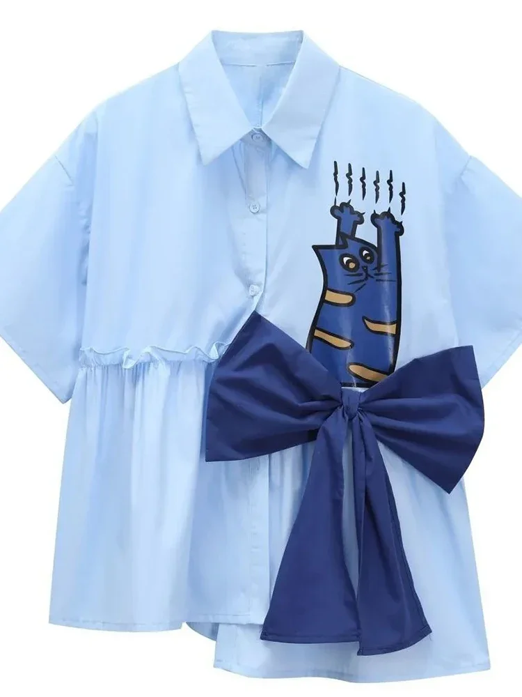 Zoki ثلاثية الأبعاد القوس لطيف قميص المرأة فضفاضة تصميم غير رسمي القط طباعة بلوزة خمر الكورية الصيف قصيرة الأكمام الإناث كل مباراة الرجعية #1