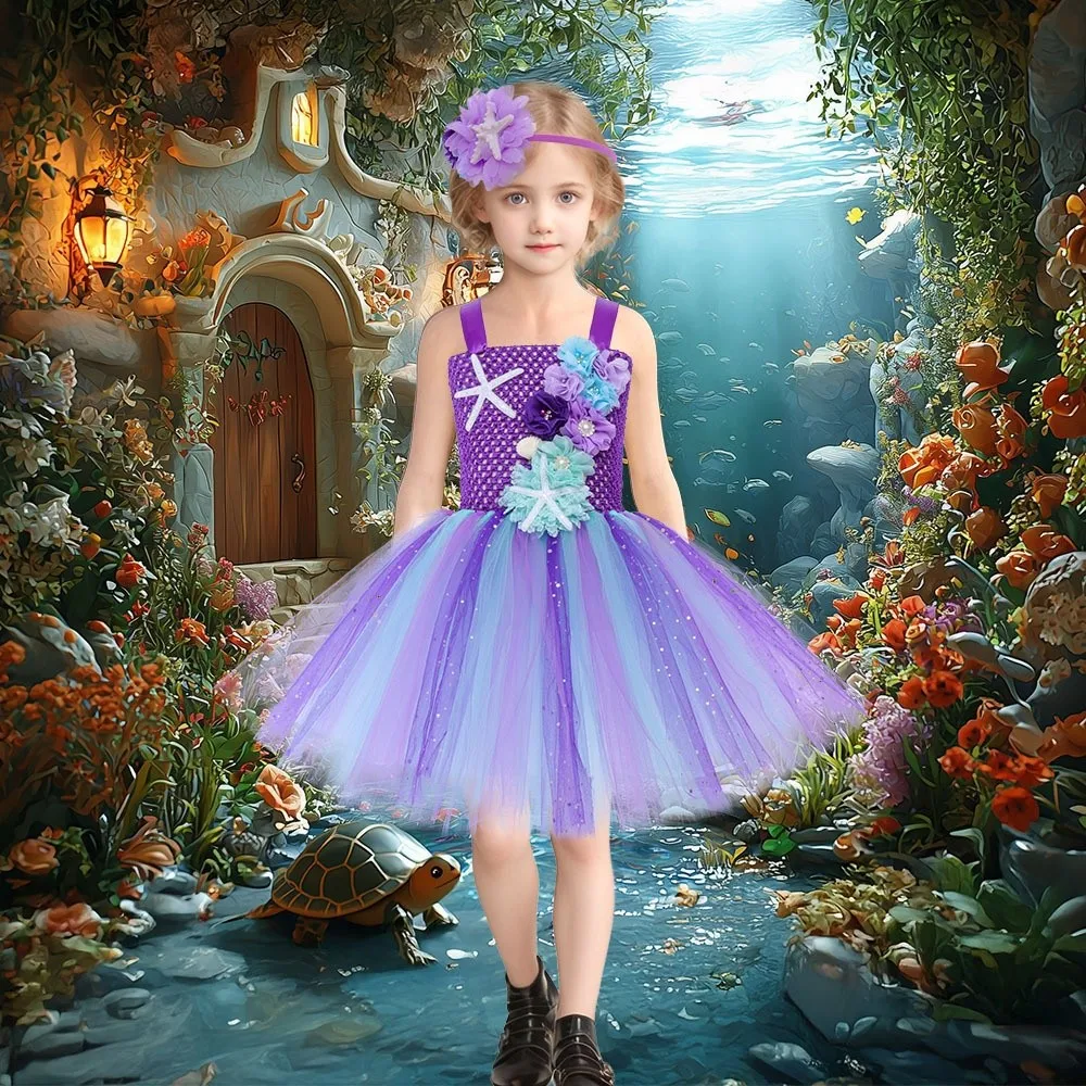 

Carnival Party Mermaid Tutu Dress Coral Starfish Appliques Pastel Flowers Princess Dress Deluxe Party Dress Mermaid Costume