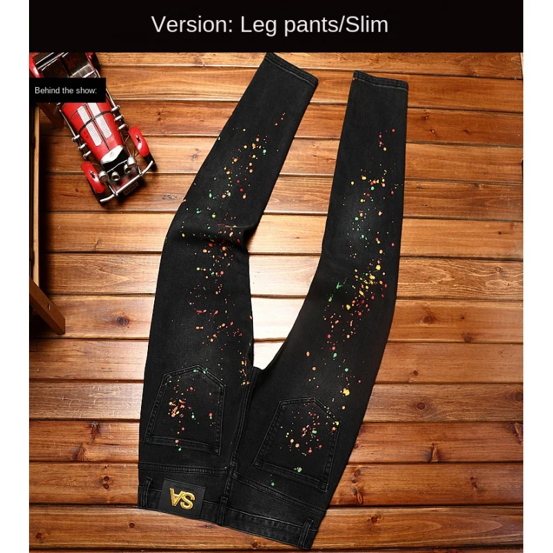 High end trendy black jeans for men, slim fit, elastic, perforated patch, paint printed, trendy street style small leg pants