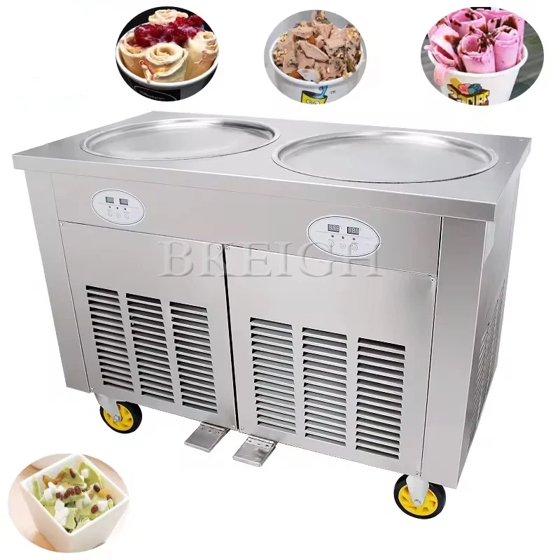 Thai Style Double Pot Ice Cream Roll Machine, Commercial Multi-Functional Stir Fried Yogurt Machine