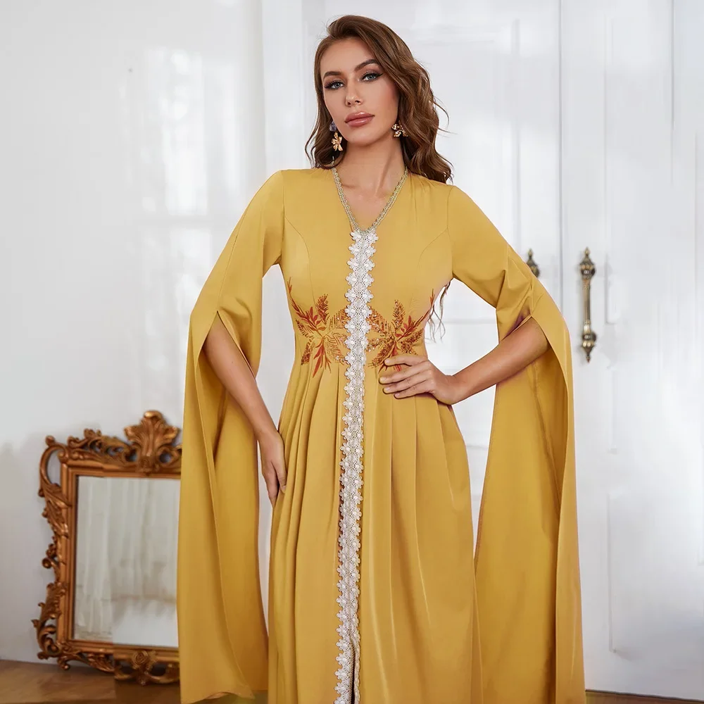 Women Eid Muslim Yellow Dresses Flare Sleeve V Neck Dubai Abayas Embroidery Party Dress Long Robe Patchwork Kaftan Arab Vestidos