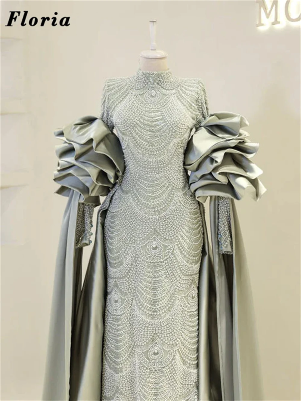 Midden-Oosten Lange Mouwen Avondjurken Elegante Dubai Kralen Verjaardagsfeestje Jurk Overrok Lange Trein Prom Jassen Aangepast