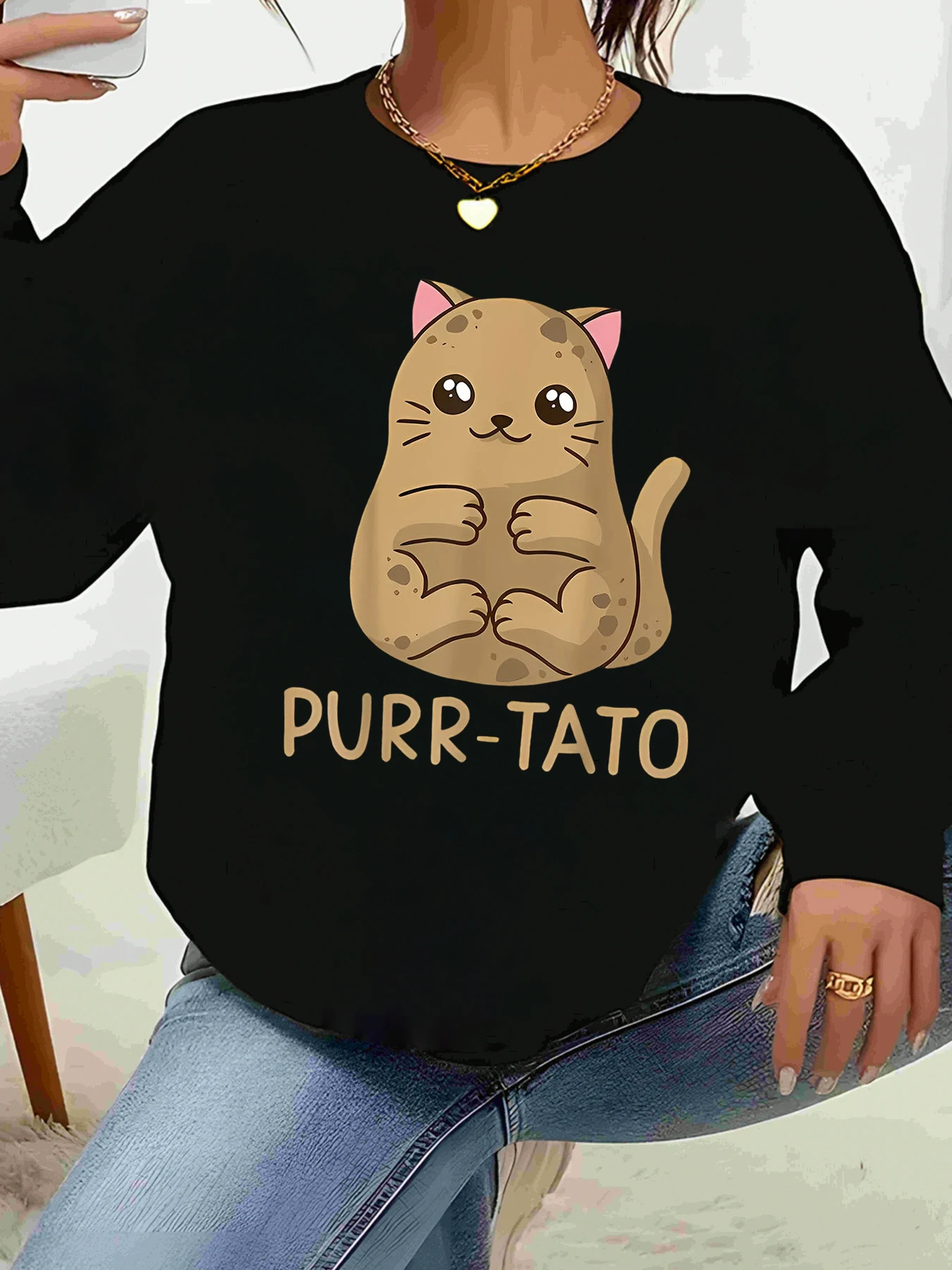 

Толстовка с длинными рукавами и принтом кота и картофеля, повседневная одежда для женщин на Хэллоуин