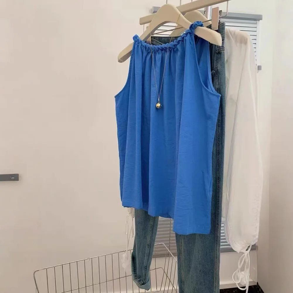 2026 Solid Color Loose Suspender Vest Spring and Summer Outer Wear Sleeveless Neck Off-the-shoulder Top High-end New Model