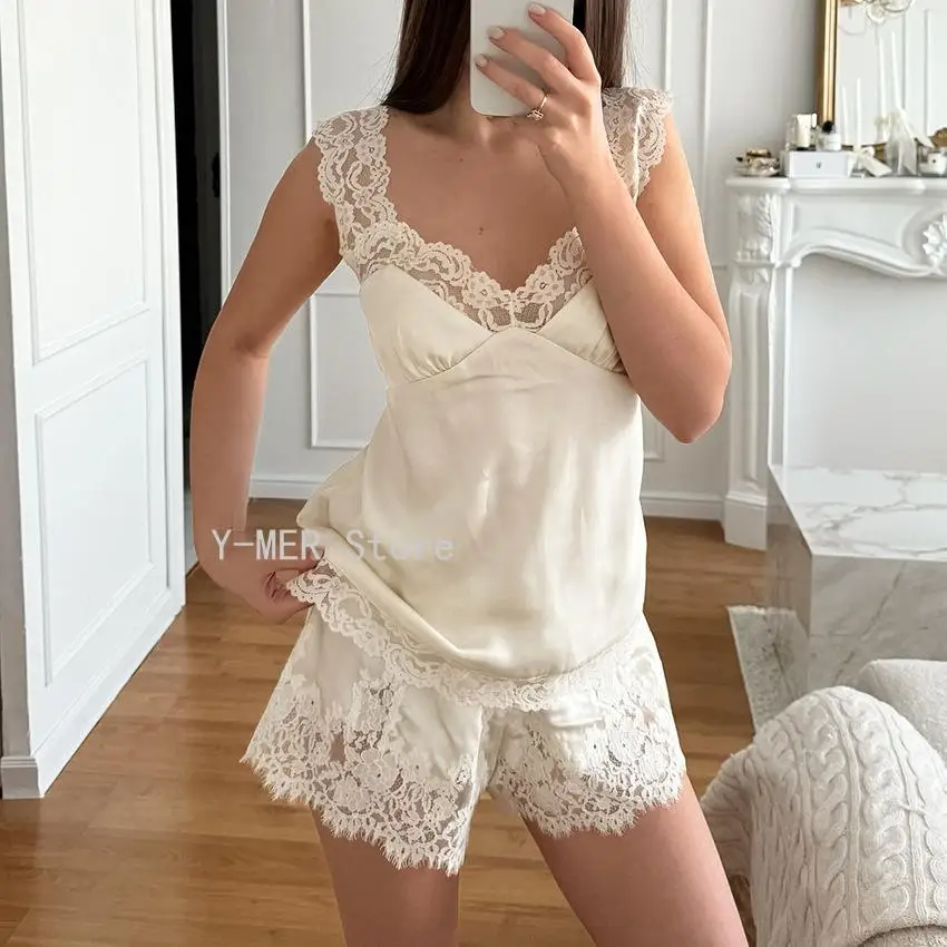 Women's 2026 Summer New Arrival Ice Silk Sleepwear Set, Lace Trim Spaghetti Strap Top & Shorts, 2 Piece Cooling Loungewear