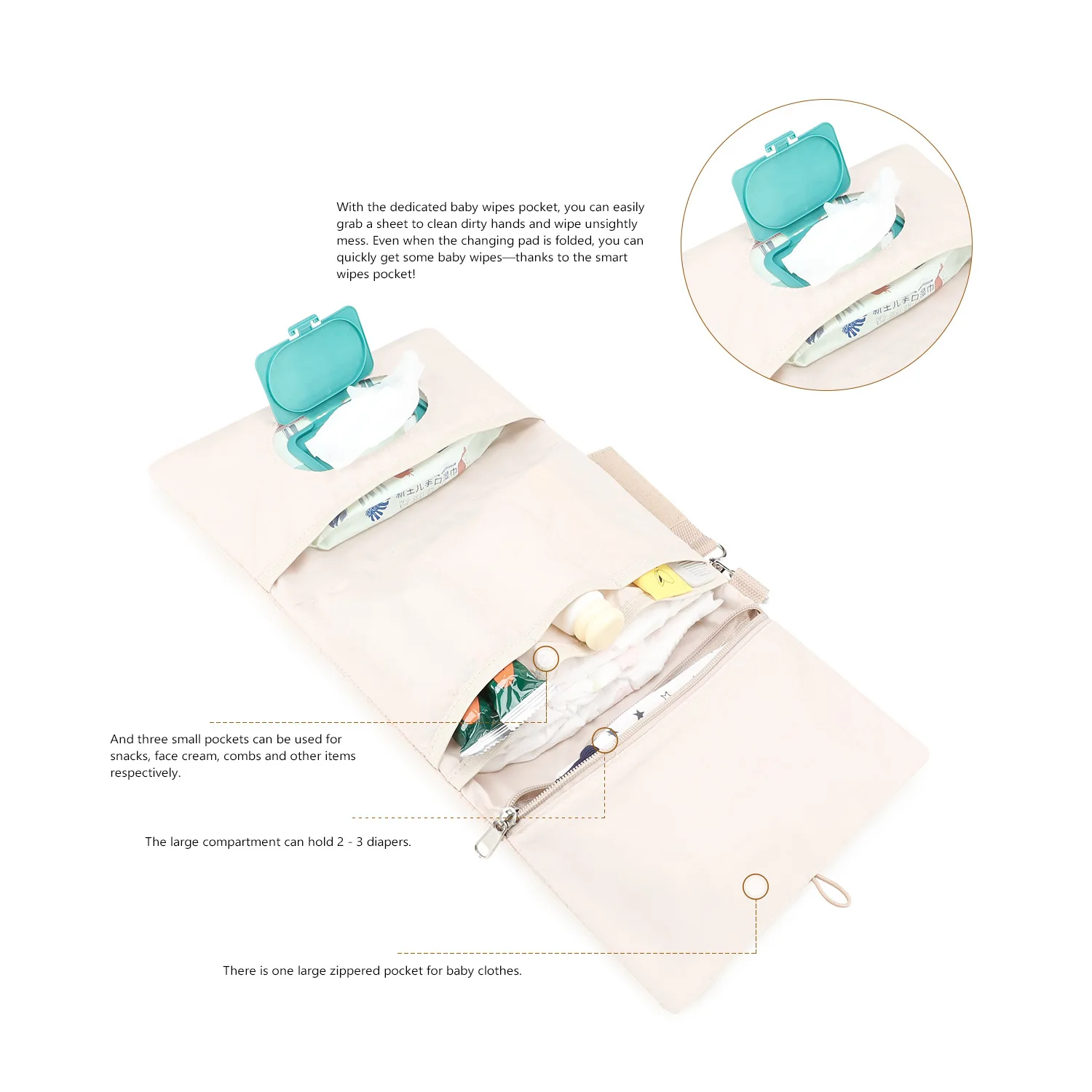 حقيبة تنظيم الحفاضات المعلقة القابلة للطي - حقيبة تخزين أساسيات متعددة الأقسام مع حامل المسح وجيب الحفاضات