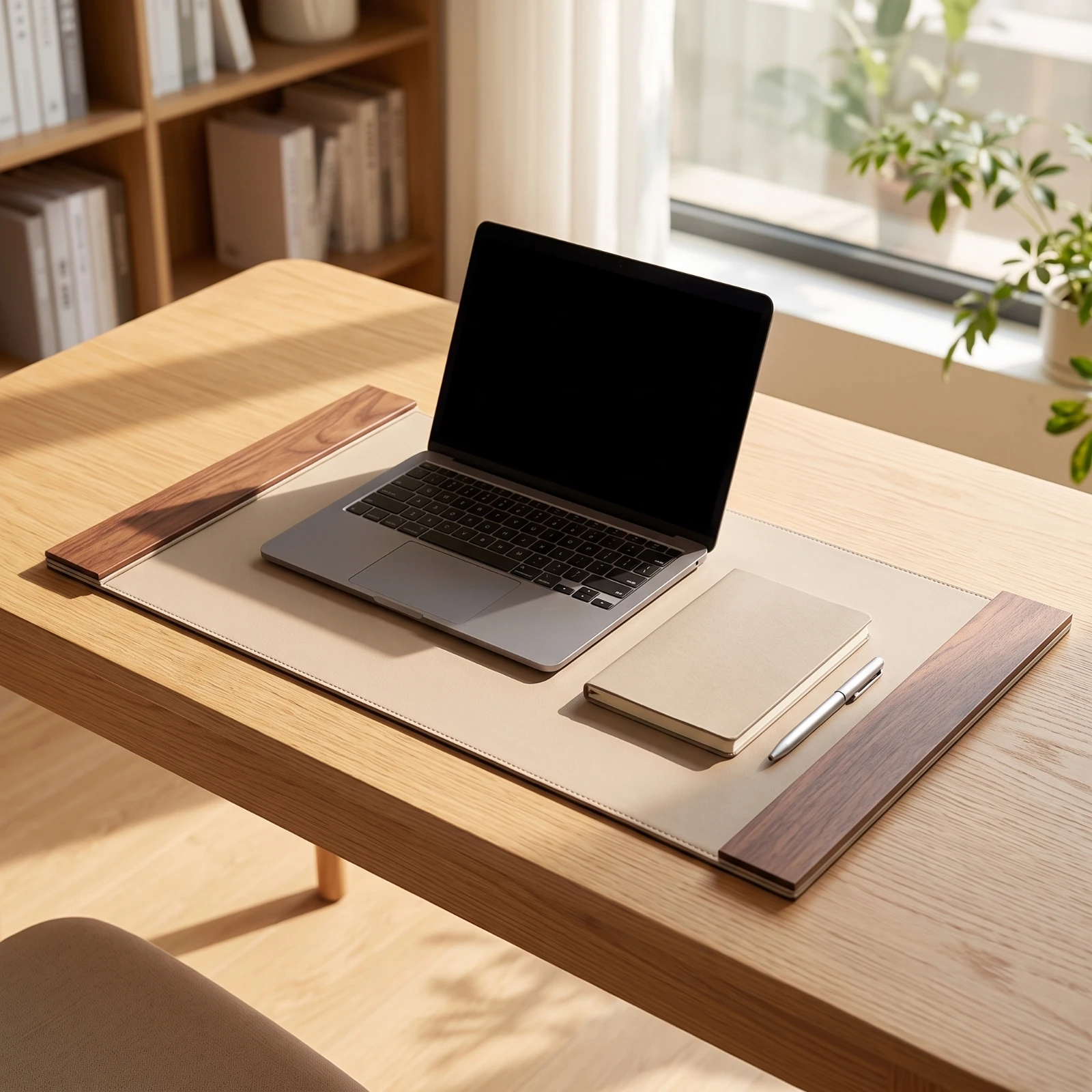 Leather Desk Pad - Desk Mat with Wood Panels Stitched