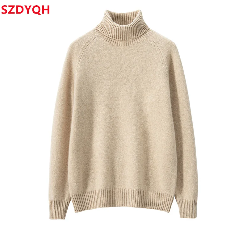 Autumn Winter New Women 100% Cashmere Sweater Turtleneck Thicken Solid Soft Pullover Fashion Female Warm Loose Knitted Jumper