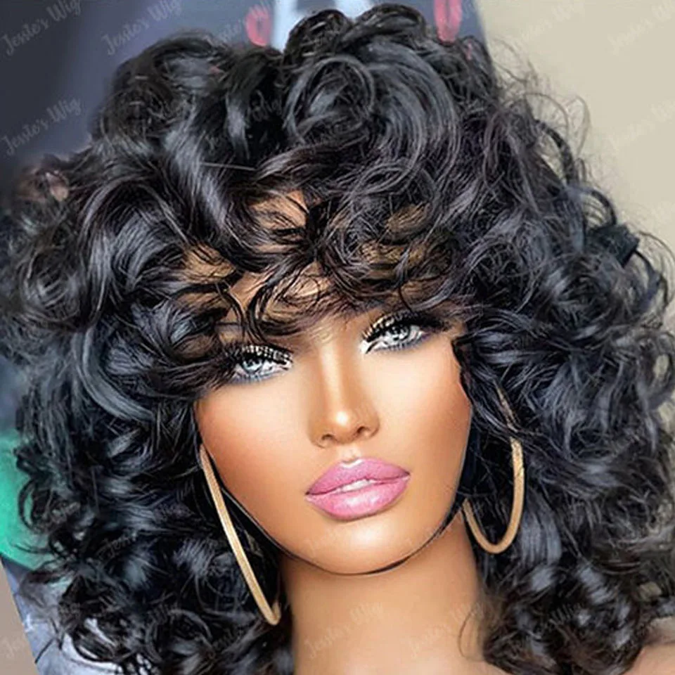 

Bob Wig Bouncy Curly Human Hair Wigs Afro Funmi Curly Brazilian Hair Pixie Cut Cheap Glueless Wig Machine Made Wig With Bangs