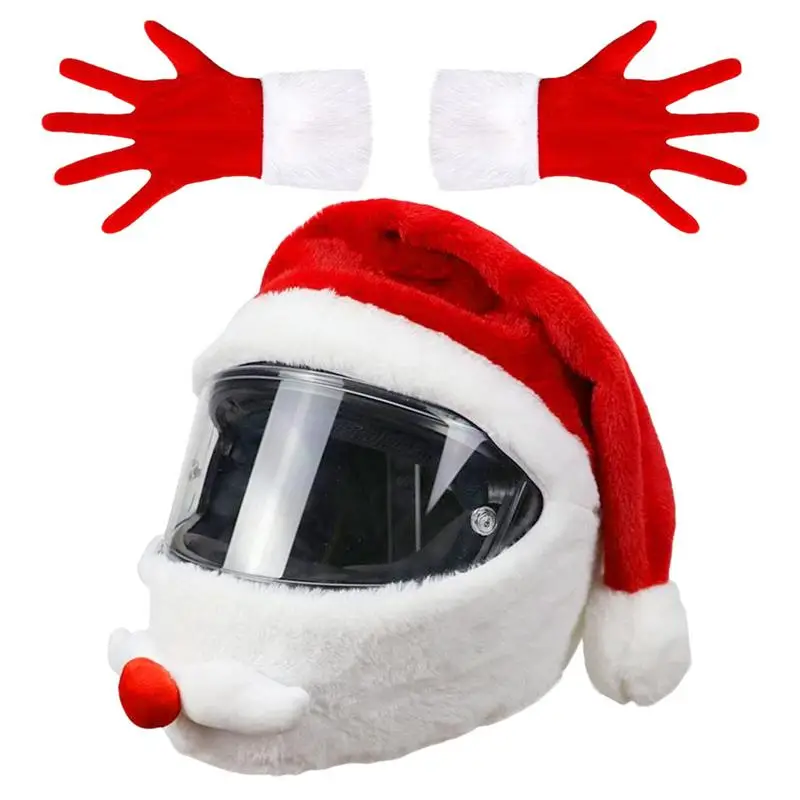 Gorro de motocicleta de felpa, gorro divertido de Papá Noel con guantes de Navidad, cubierta decorativa para casco, sombrero de Papá Noel