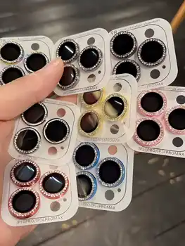 Étui de protection d'objectif d'appareil photo en diamant, joli brillant, à la mode, pour iPhone 12 15 14 Pro Max, lentille à paillettes, couverture d'appareil photo en verre pour fille, 2-3 pièces