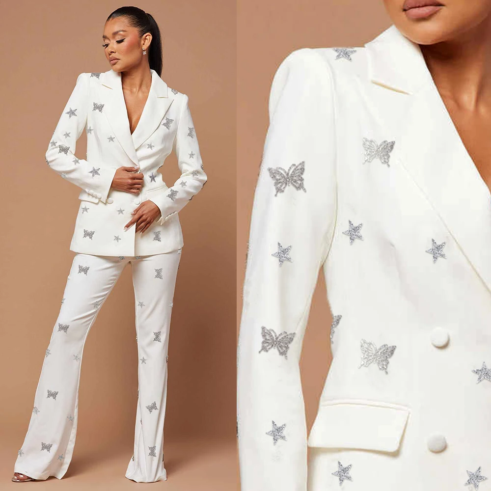 Graceful Women Suits Newest Design 2 Pieces Pant Suit Butterfly Star Decal Sexy V Neck Evening Suit For Women ﻿Custom Made