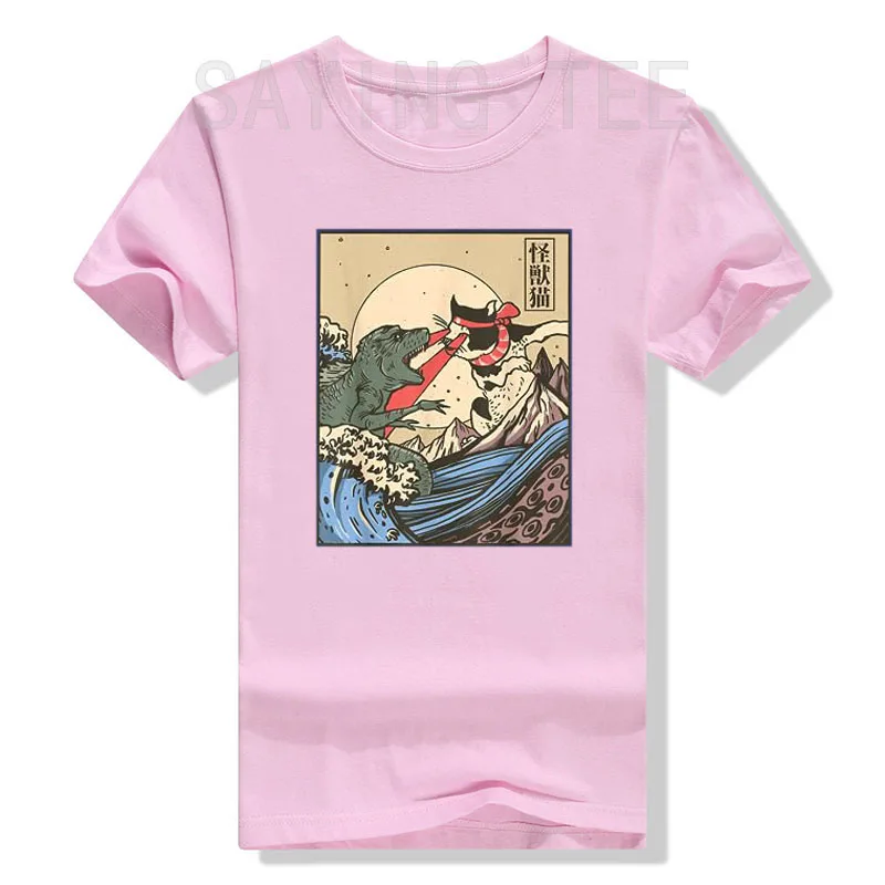 Vintage Cat Vs Monster Retro Japanese Great Wave Otaku Manga T-Shirt Humor Funny Kitty Cartoon Graphic Tee Tops Comics Outfits