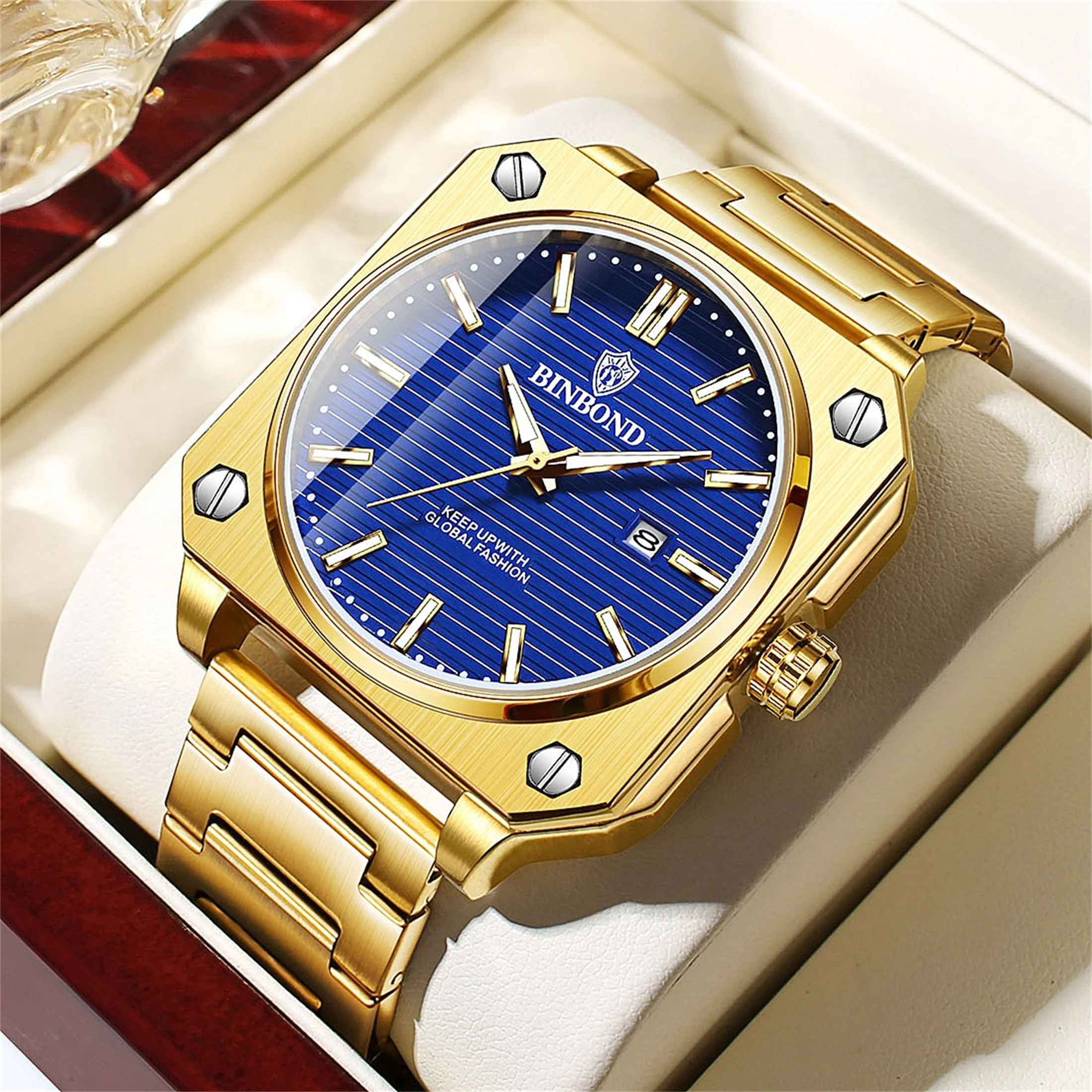 

Мужские часы BINBOND, коммерческие, с синим циферблатом, подсветкой, полным календарем, водонепроницаемые, в подарочной коробке, идеально для праздников и дней рождения.