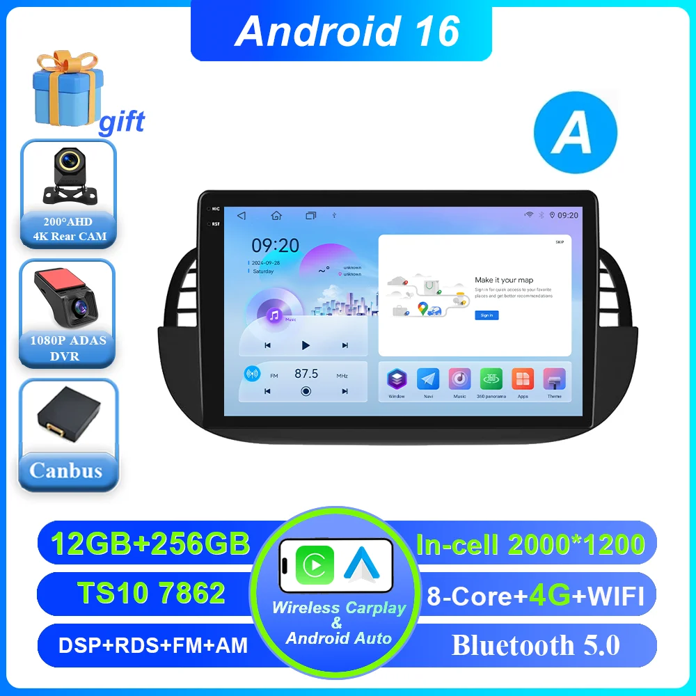 Auto DVD Android 16 Radio Stereo voor Fiat 500 2007-2015 Auto Multimedia Speler GPS Navigatie Hoofdunit Hoge-Prestatie CPU WIFI