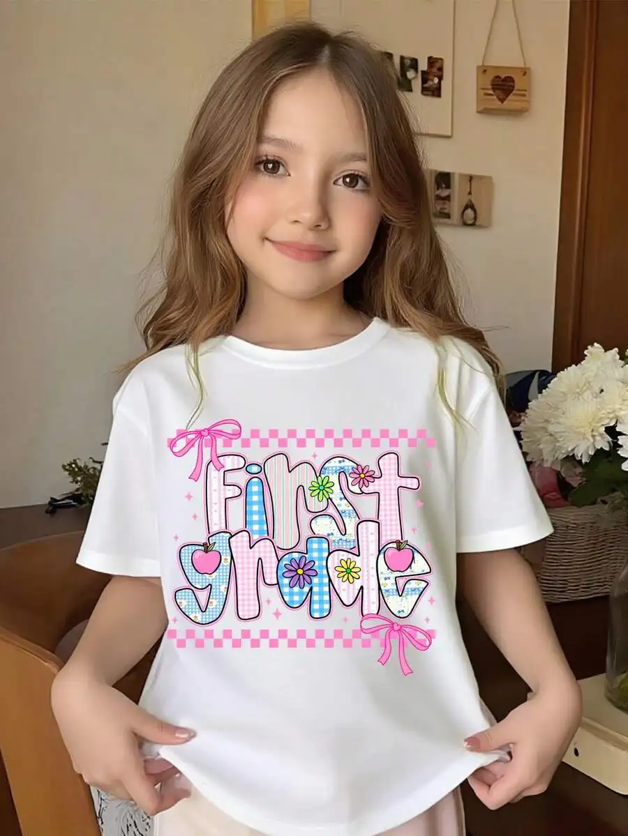 Young Girls 1st Grade Print Graphic T-Shirt, Cute Pink Bow Floral Apple Short Sleeve Casual Tee For Back To School Kindergarten