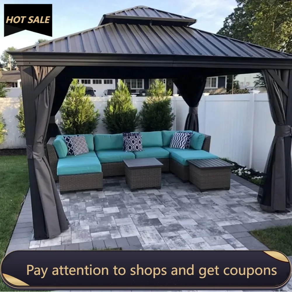 10' X 12' Permanent Hardtop Gazebo Aluminum Gazebo with Galvanized Steel Double Roof, Curtains and Netting Included