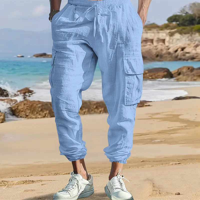 

Men's Cotton Linen Cargo Pants Male Spring and Autumn Breathable Solid Color Multiple pockets Trousers Fitness Streetwear S-3XL
