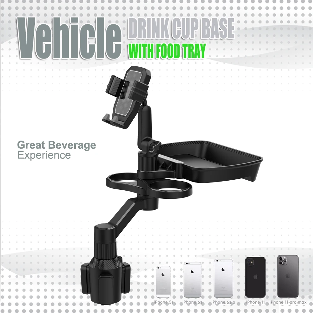 

Автомобильное основание для напитков с подносом для еды, держатель для мобильного телефона, вращающийся на 360 градусов, регулируемый, подходит для телефона 6,5-10,5 см