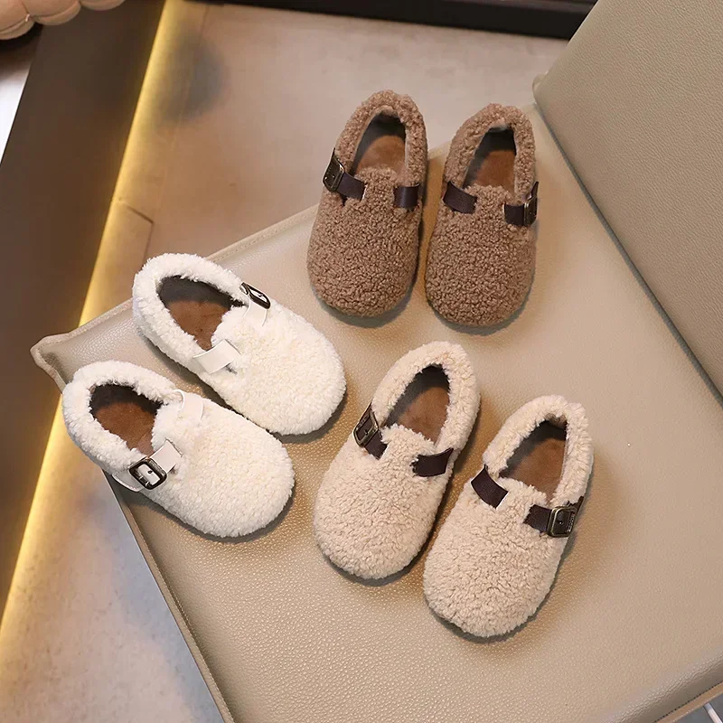 Winter Children Flat Shoes Fluffy Buckle Round Toe Leisure Kids Loafers Warm Hook-loop 21-30 Chic Three Colors Boys Girls Shoe