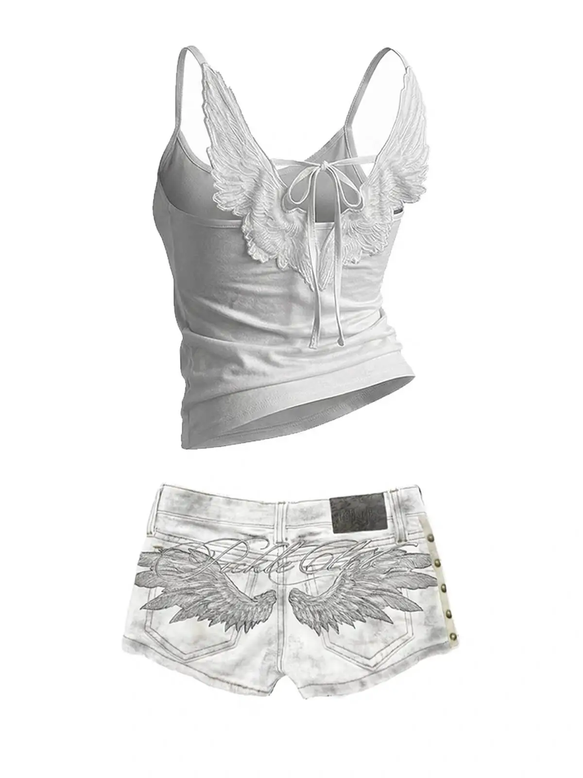 Y2K Hot Girl Angel Wings Embroidered Vest Denim Shorts Suit Retro Sexy Super Shorts Subculture Punk Rivet Design Low Waist Pants
