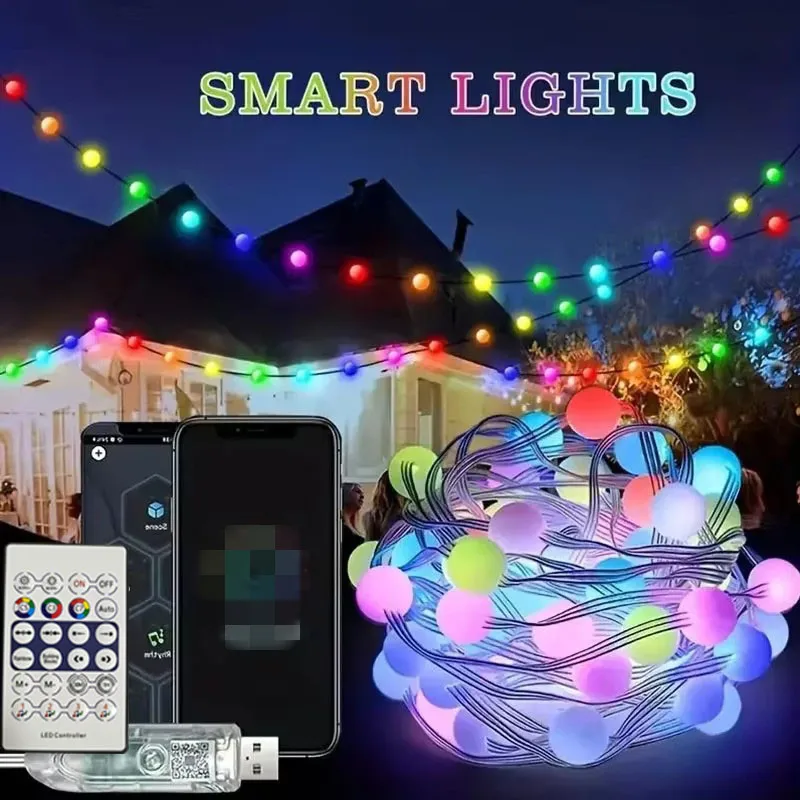 

66 LED Fairy String Lights Outdoor 10M WS2812b Smart RGB Christmas Lights Decoration Bluetooth APP Control USB Festoon Garland