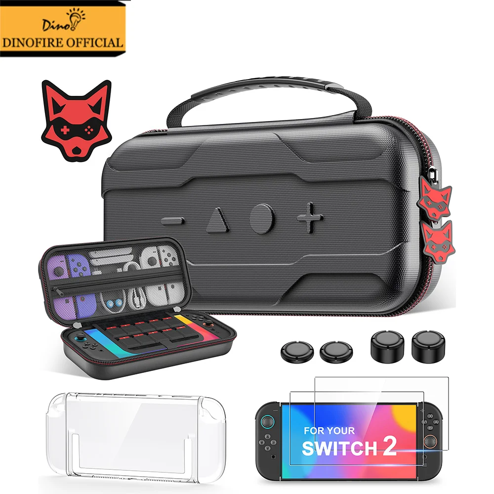 Dinofire Switch 2 Protective Case Kit Hard Shell Travel Case with Screen Film Joystick Caps for Switch Game Console