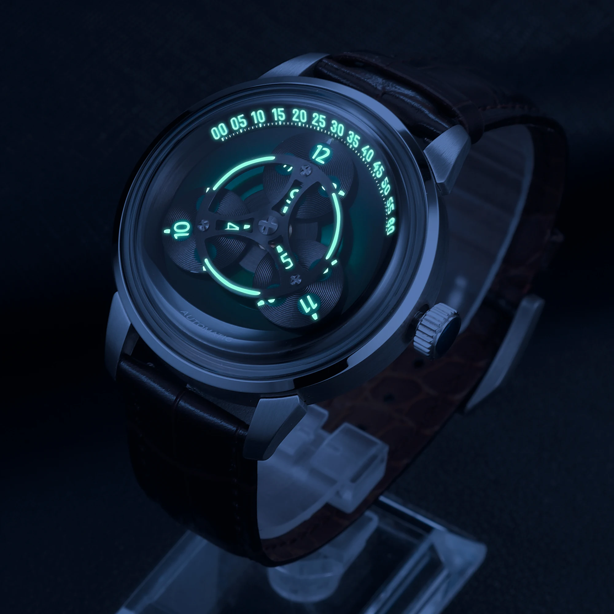 ENITON Jam Tangan Otomatis Pria Baja 316L Jepang 8215 Tali Kulit Jam Tangan Modis Kedap Air Jam Tangan Mekanis 5ATM Barang Baru