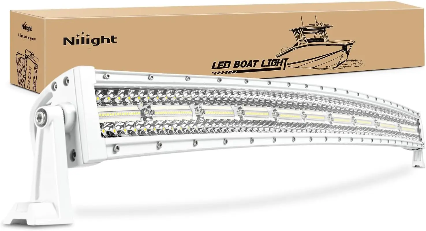 Marine LED Light Bar Navigation Lights 42 Inch Curved White Spot Flood Combo Ponton Boat Deck Dock Lights for Night Fishing T-to