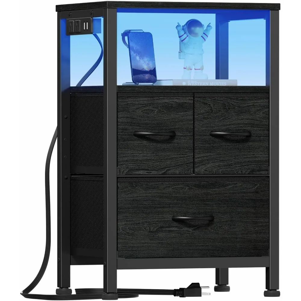 

Black Nightstand with Wood Shelf, Bed Side Table with Led Light and Charging Station, 25.8 Inch End Table with 3 Fabric Storage