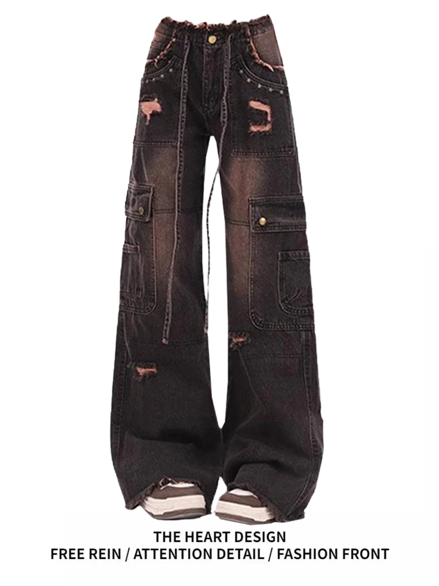 

Women's Black Denim Wide Leg Jeans Fashion Multiple Cargo Pockets Distressed Ripped Holes High Waist Casual Streetwear Trousers