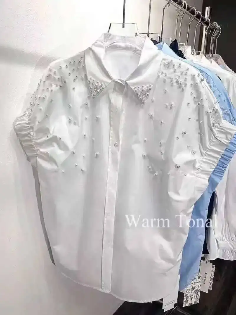 

Новые весенне-летние расклешенные хлопковые рубашки с вышивкой, блузки, женские свободные повседневные топы на пуговицах с короткими рукавами и бисером, Blusas