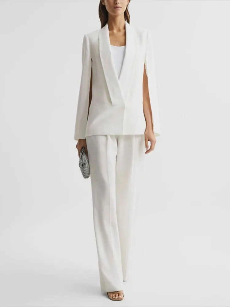 UOOZEE Office Lady Elegant Cape Sleeves Blazers Jackets Loose Solid Color Deep V-Neck Commuter Business White Suit Outerwears