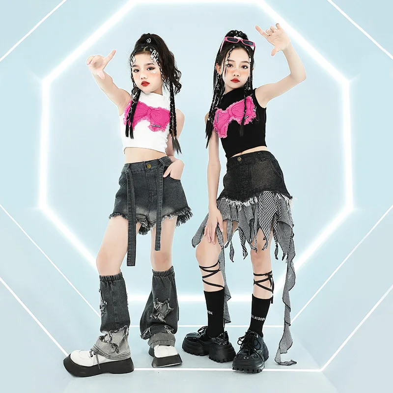 

Kid Cute Hip Hop Clothing Butterfly Crop Tank Top Denim Plaid Skirt Raw Hem Shorts Leg Warmer for Girls Dance Costumes Clothes
