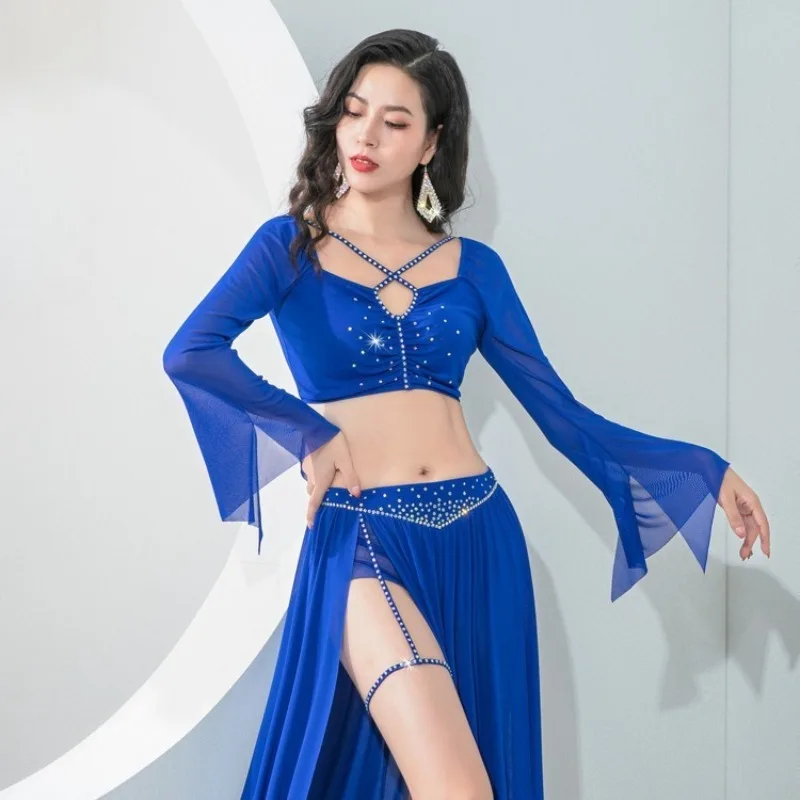 Aangepaste buikdanskostuums 2025, nieuwe oefenjurk, tops en sexy lichte luxe oosterse dansvoorstellingjurk met lange mouwen