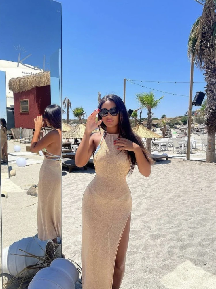 2025Cover Up Beach Sexy Durchsichtiges, figurbetontes Sommerkleid, Bikinis, Überzüge, elegantes Neckholder-Strandkleid