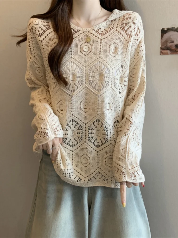 SMTHMA 한국 스타일 디자인 여성용 후드 레이스 탑 가을 게으른 느슨한 자외선 차단 긴팔 탑