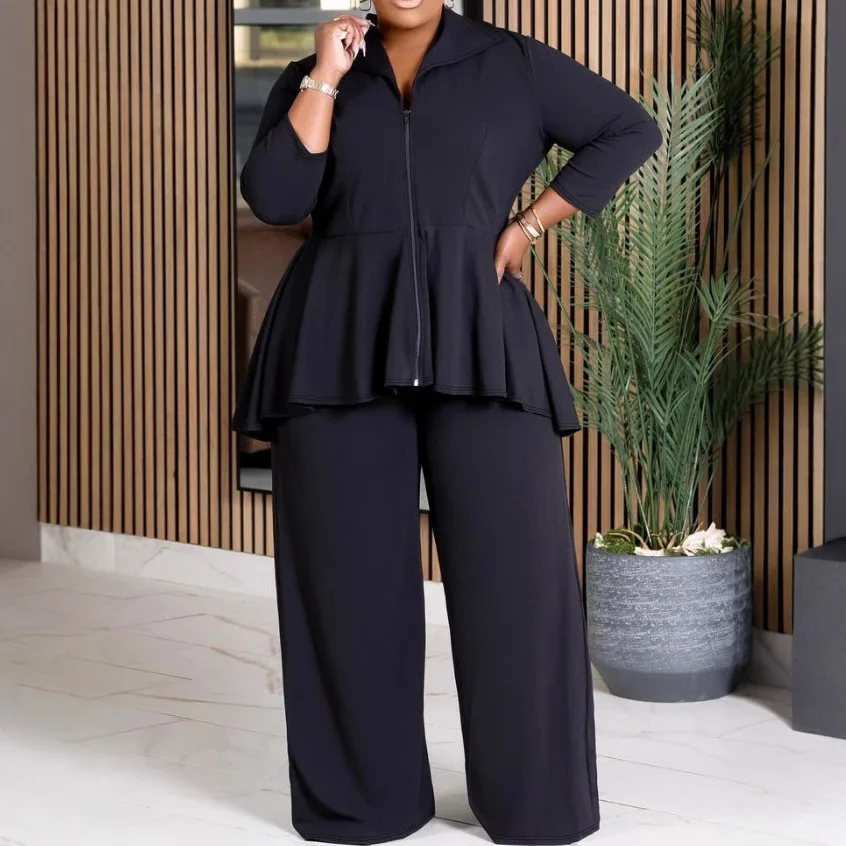 

Брюки Женские комплекты из 2 предметов Пальто Широкие брюки Ансамбль Куртка на молнии с оборками Отложной воротник 2025 Офисные женские наряды