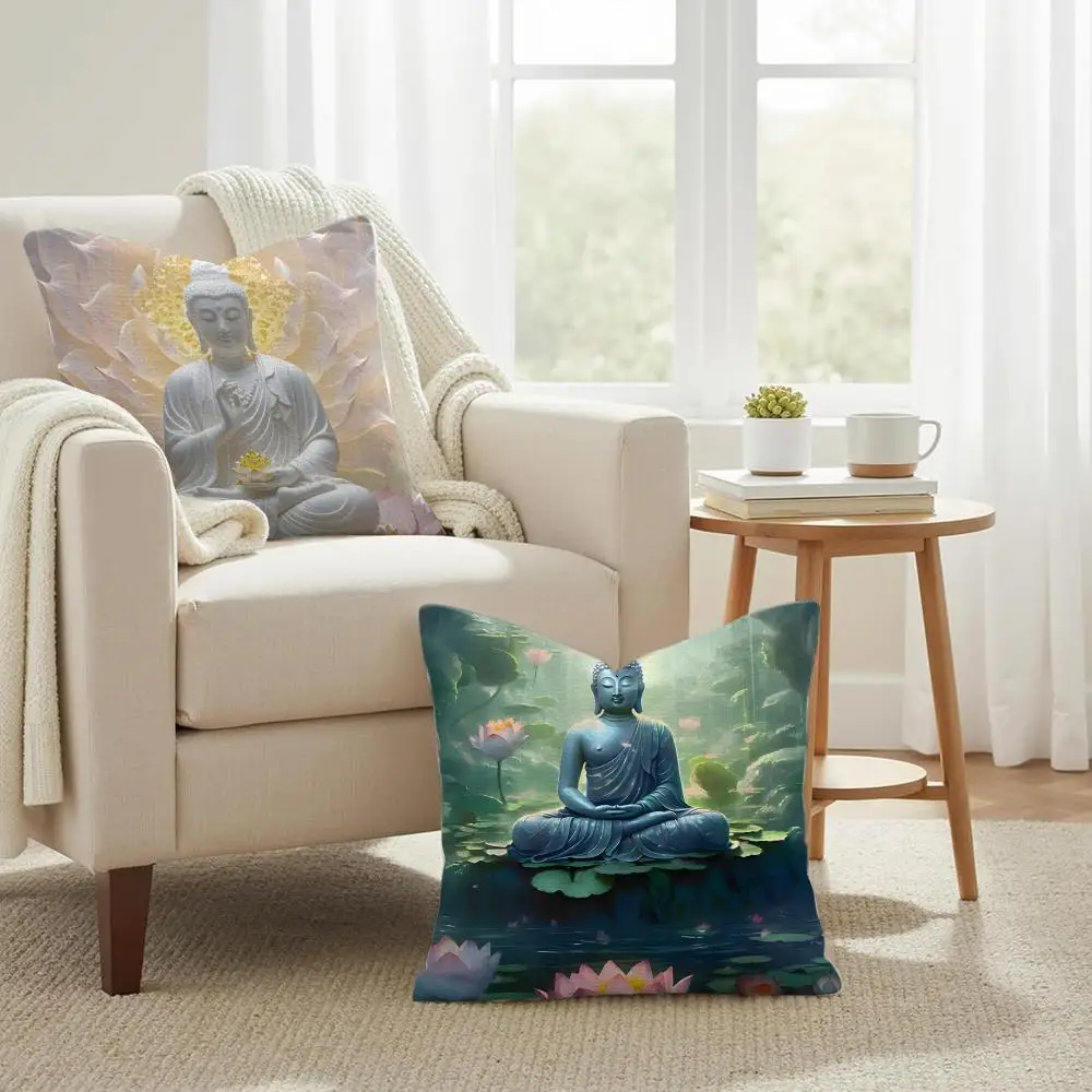 Buddha statue and lotus Cushion Cover Double-Sided Printed Organic Linen Pillow Cover, Decorative for Sofa Home