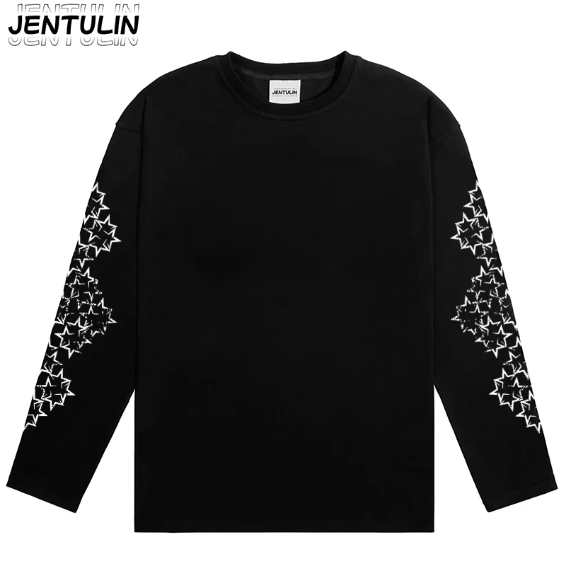 Harajuku Retro Y2k Schwarz Weiß Sternförmiges Rundhals-Langarm-T-Shirt Gothic HipHop Streetwear Ästhetische Mode Tee Unisex