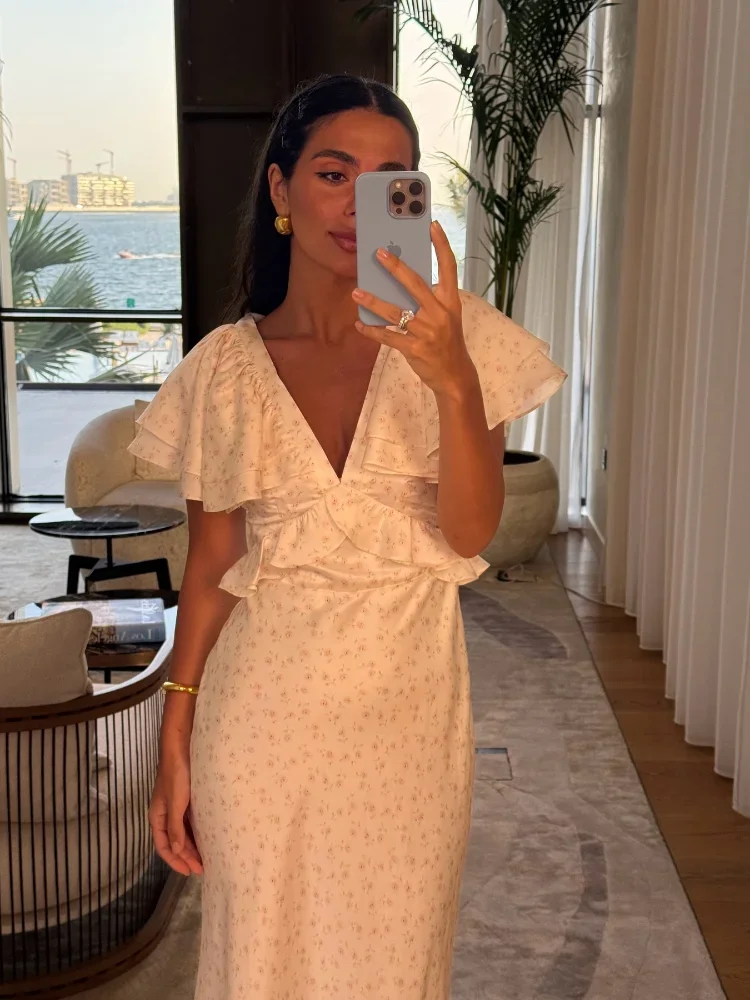 Babados floral impresso cetim maxi vestido feminino verão manga curta com decote em v sexy magro robes elegante festa de noite vestido longo 2025