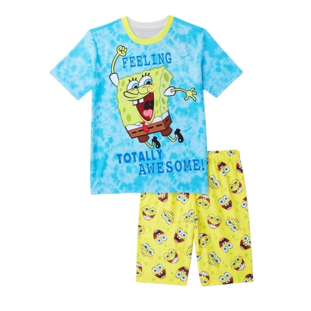 

Пижама Potdemiel SpongeBob SquarePants для мальчиков и девочек, комплект из футболки и шорт с принтом по всей поверхности, летний, быстросохнущий, мягкий, удобный, легкий