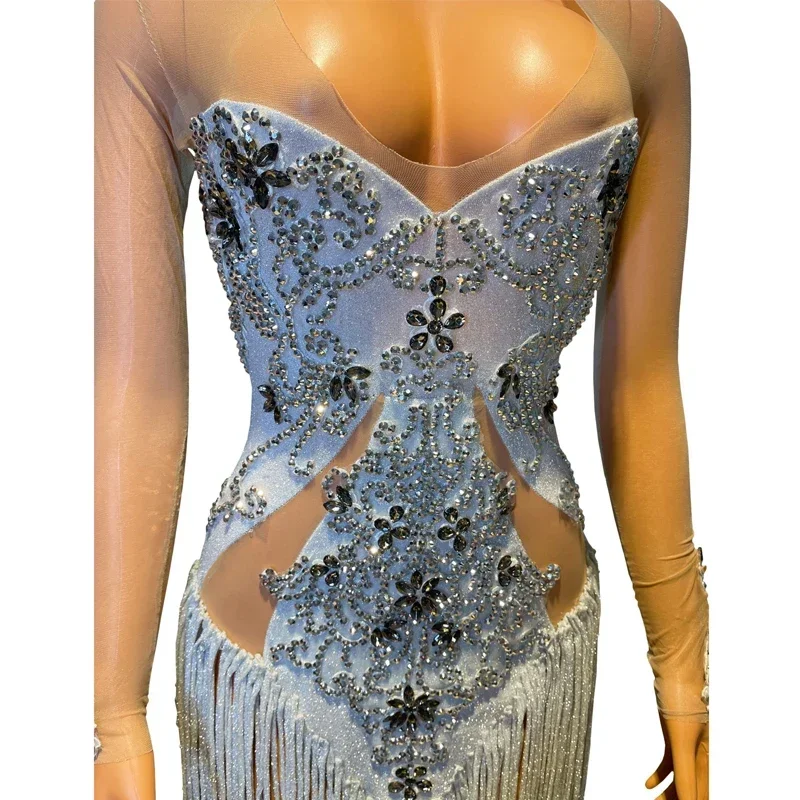 Vestido Sexy con flecos y diamantes de imitación para mujer, traje de fiesta de noche, Gogo, baile, escenario, Rave