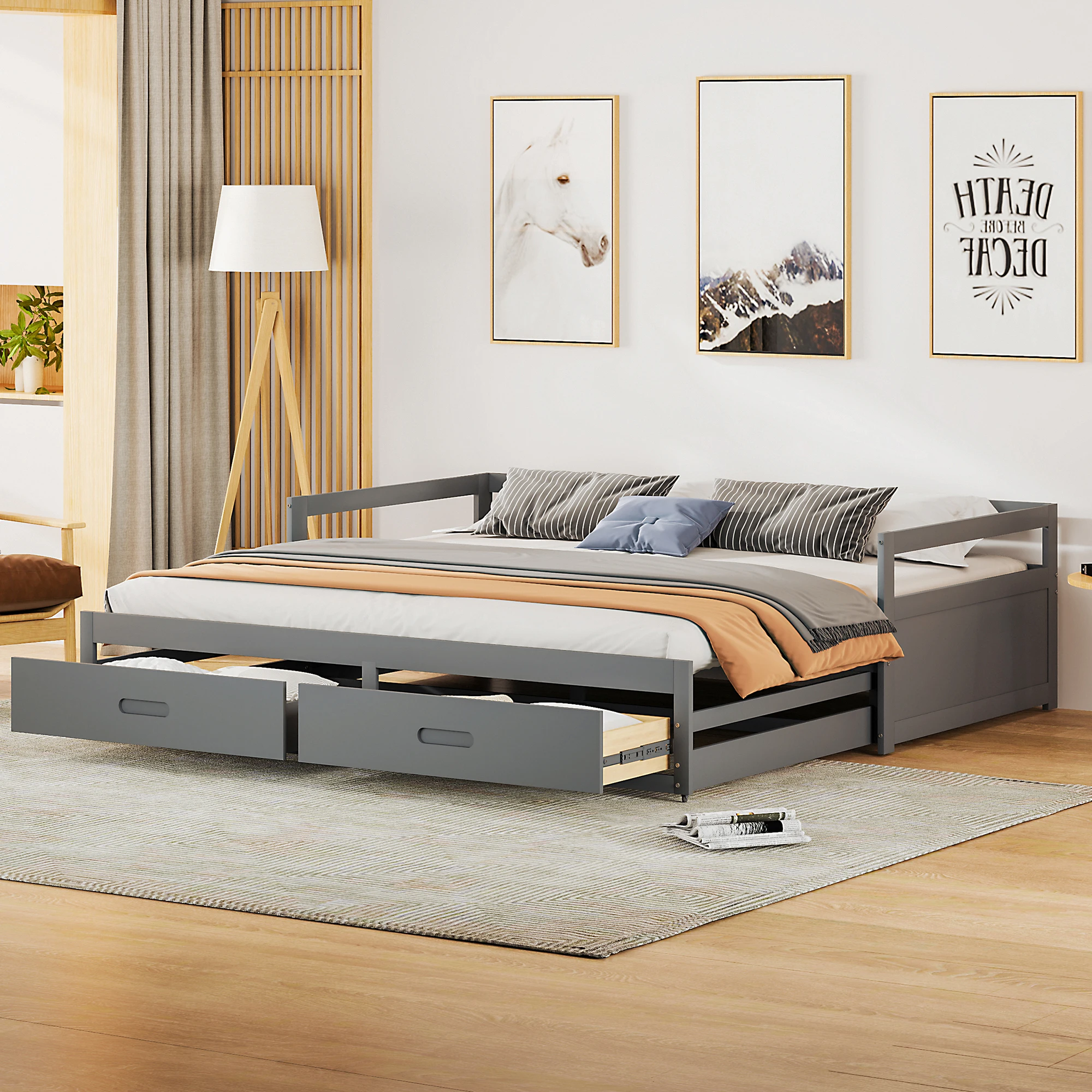 Lit gigogne 90/180x190 cm - Tiroirs et sommier à lattes - Fonctionnel pour chambre - Gris