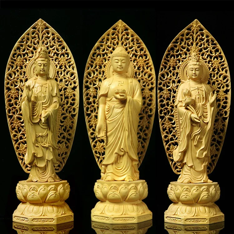 LTT boxwood carving craft Guanyin Shakyamuni Buddha ornament back screen Western Three Saints