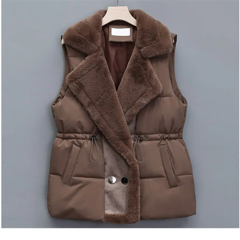 Women's Lapel Plush Lining Drawstring Waisted Sleeveless Vest Coat Autumn Winter Casual Fashion Pocket Double-Breasted Jackets