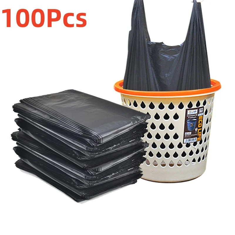 100Pcs Thickened Black Vest Plastic Bag Takeaway Shopping with Handle Bag Kitchen Living Room Garbage Clean Storage Bag